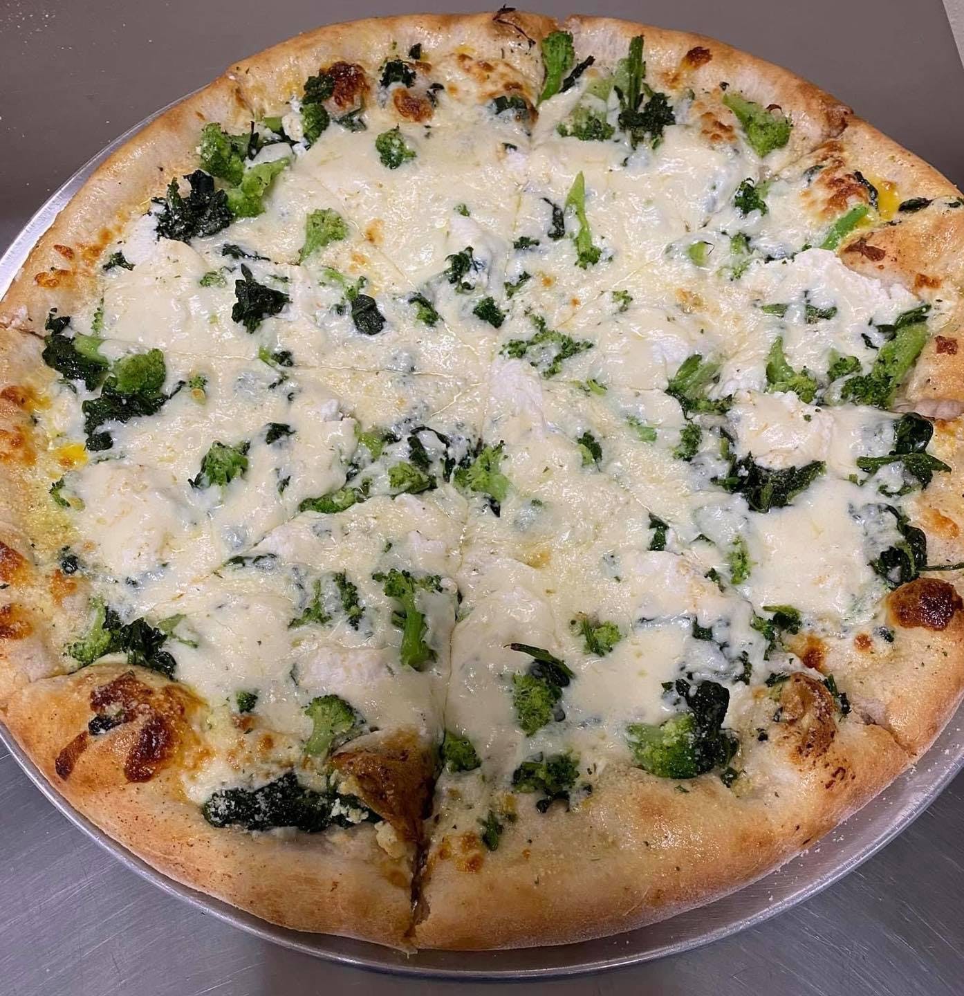 Order Broccoli White Pizza - Small food online from Armitto's Latin Tex-Mex store, Windsor Mill on bringmethat.com