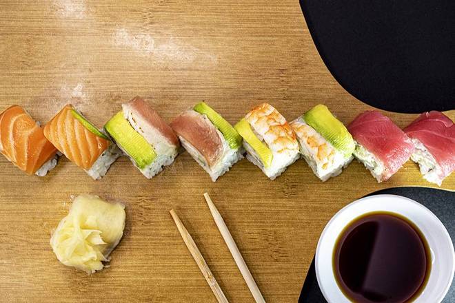 Order Rainbow Roll food online from Blue Fish Sushi & Teriyaki store, Huntington Park on bringmethat.com