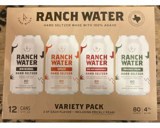 Order Lone River Ranch Water, Variety 12oz-12pk Canned Spiked Seltzer (4% ABV) food online from Chris's Liquor- 2203 S Lamar Blvd store, Austin on bringmethat.com