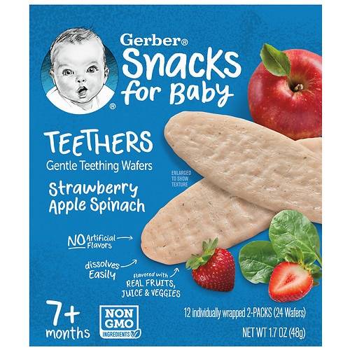 Order Gerber Snacks for Baby Gentle Teething Wafers Strawberry Apple Spinach - 0.14 oz x 12 pack food online from Walgreens store, Waterbury on bringmethat.com