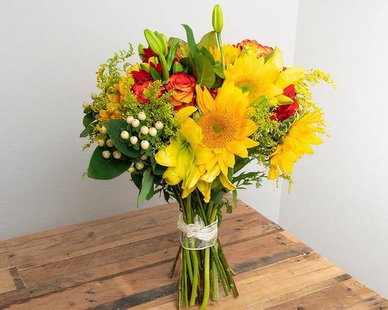 Order Yellow, Orange, Red Wrapped Bouquet food online from @flowers Rosemead store, Rosemead on bringmethat.com