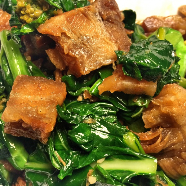 Order Thai Spicy Crispy Pork Belly Stir-Fried with Chinese Broccoli and Garlic food online from Melanee Thai store, Los Angeles on bringmethat.com