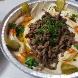 Order Hummus with Meat Plate food online from Stop-N-GO Gyros store, North Richland Hills on bringmethat.com