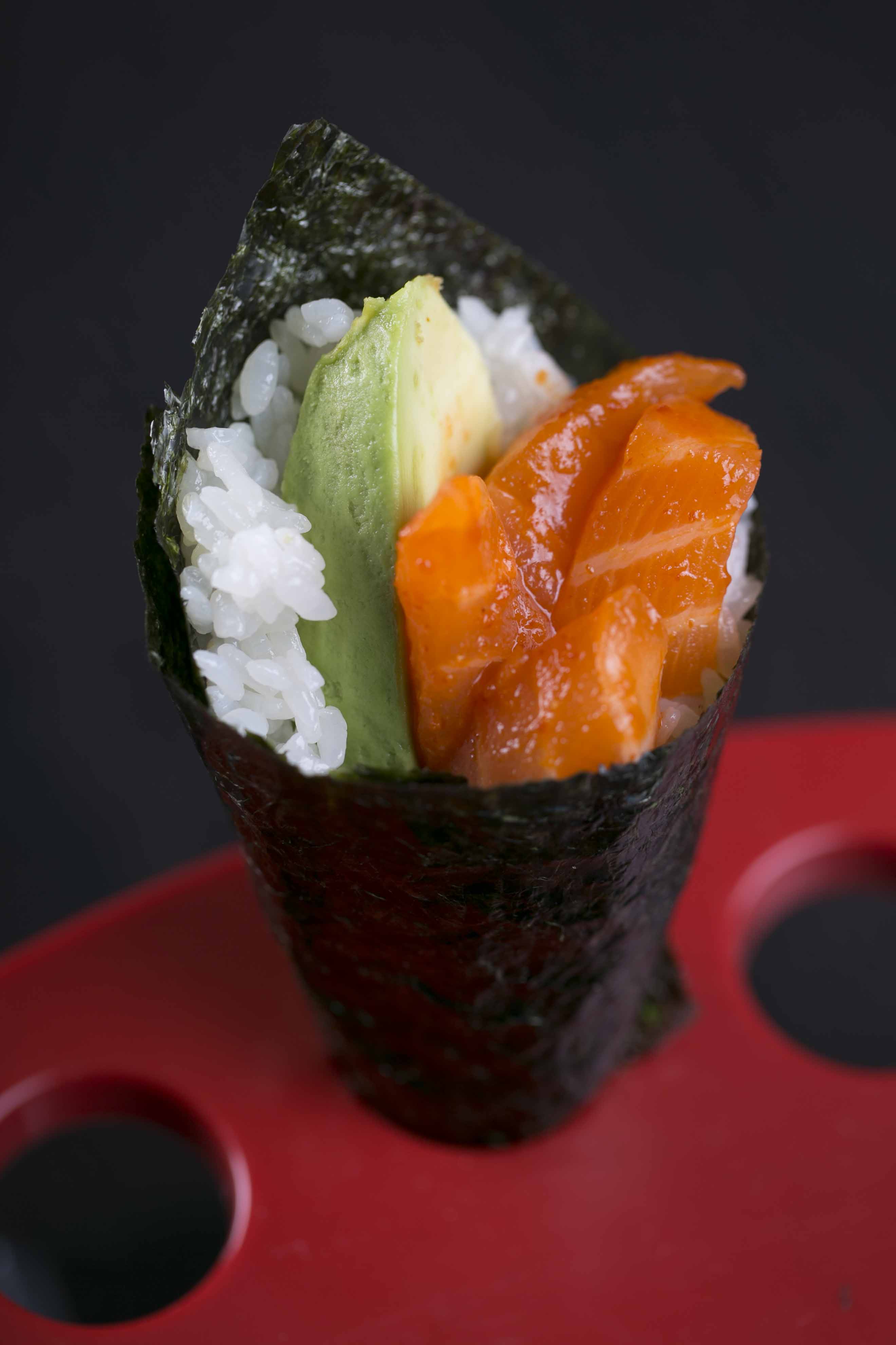Order H6. Spicy Salmon Hand Roll food online from Icho Izakaya Fusion Cuisine store, Temple City on bringmethat.com