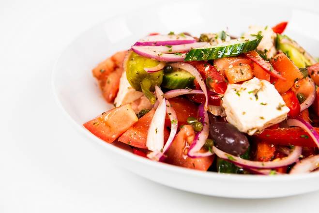 Order Horiatiki Village Salad food online from The Big Greek Cafe store, Silver Spring on bringmethat.com