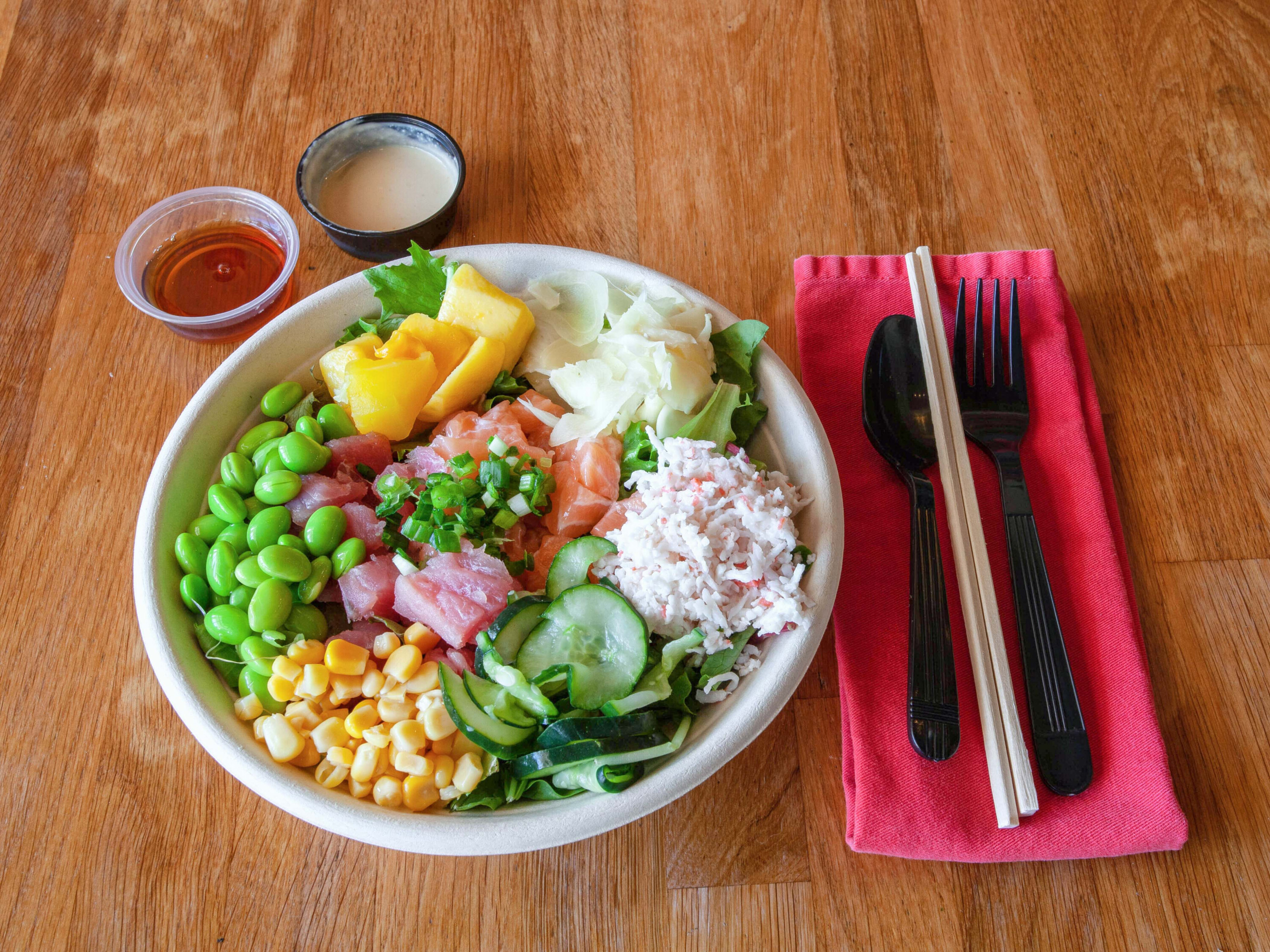 Order Small, 2 Proteins Bowl food online from Poke Tiki store, Tustin on bringmethat.com