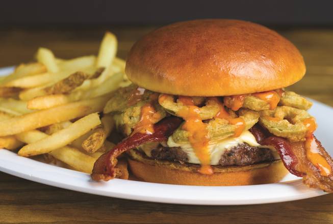 Order Amarillo Firecracker Burger food online from Beef 'O' Brady's store, Floyds Knobs on bringmethat.com