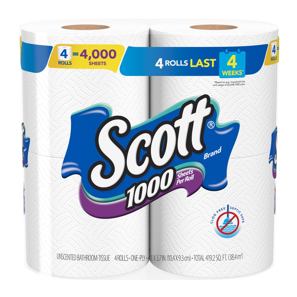 Order Scott 1000 Sheets Per Roll Toilet Paper, Bath Tissue - 4 ct food online from Rite Aid store, CORNING on bringmethat.com