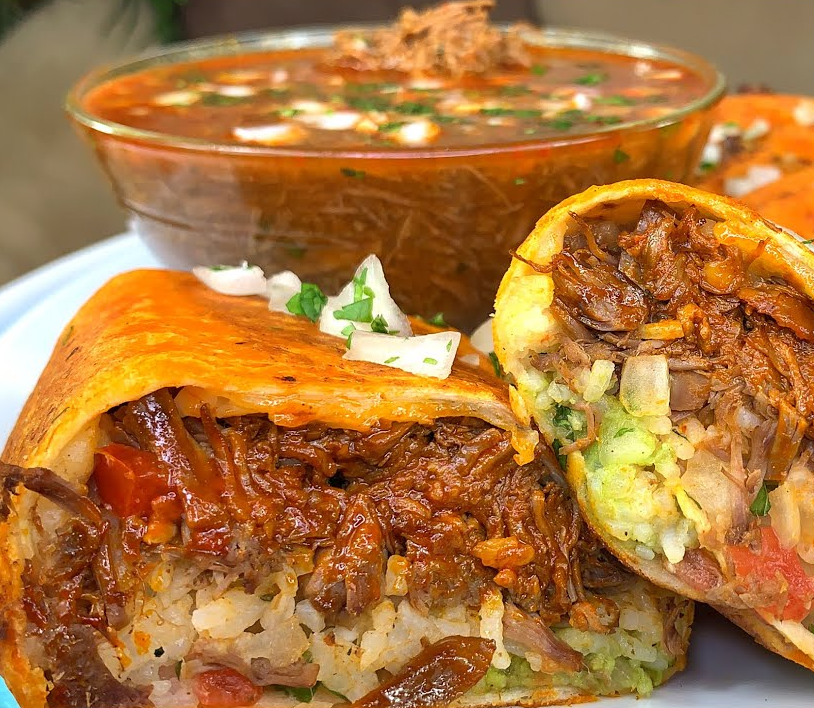 Order Quesobirria Burrito With Consume food online from My Taco House store, Modesto on bringmethat.com