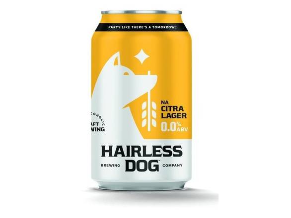 Order Hairless Dog Brewing Citra Lager Non-Alcoholic - 6x 12oz Cans food online from Mac's Liquor store, Hopkins on bringmethat.com