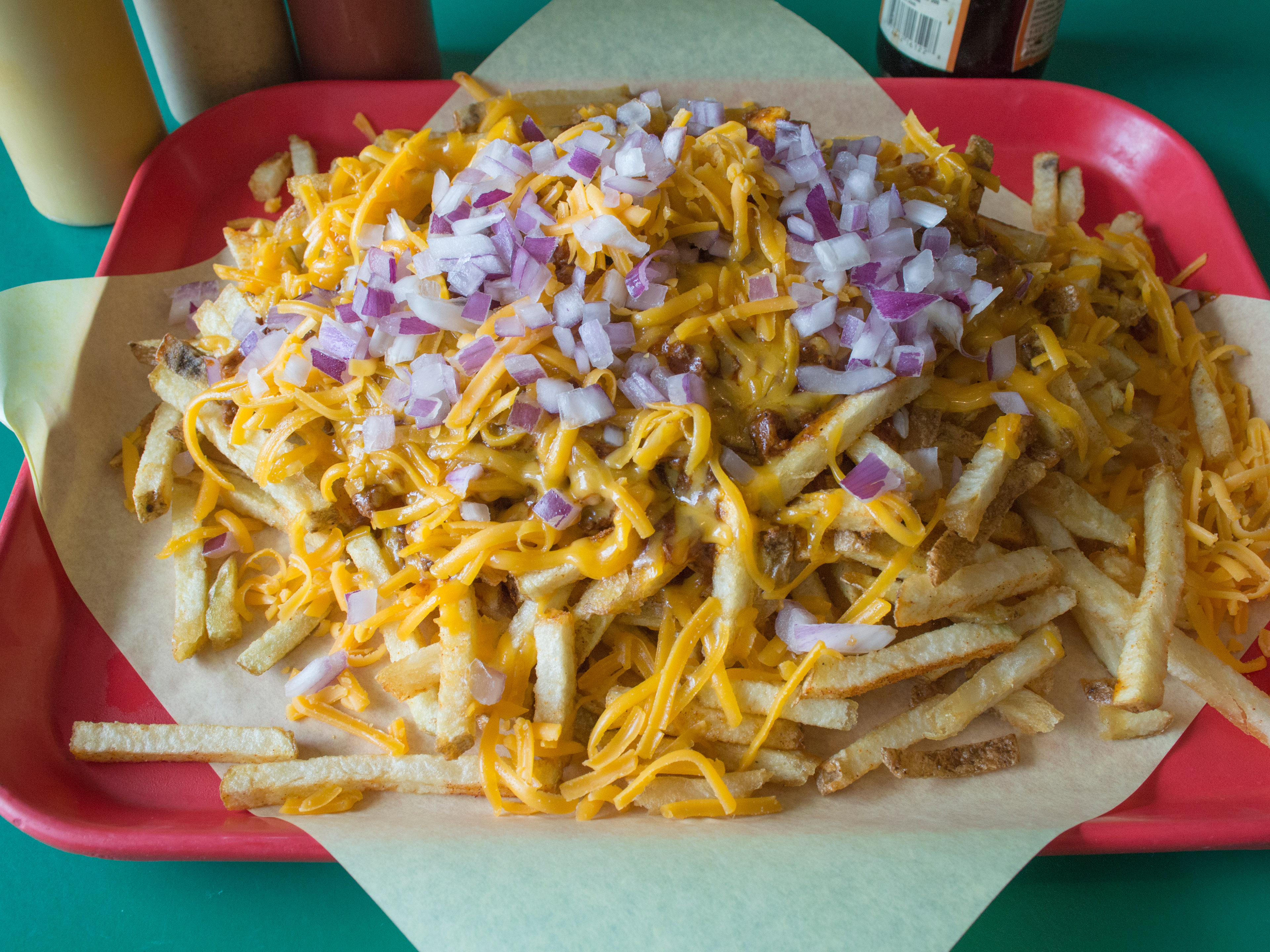 Order Chili Cheese Onion Fries food online from Wiener Works store, Sacramento on bringmethat.com