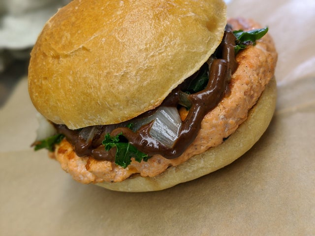 Order Black Garlic Salmon Burger food online from Root 11 Bistro store, Bloomsburg on bringmethat.com
