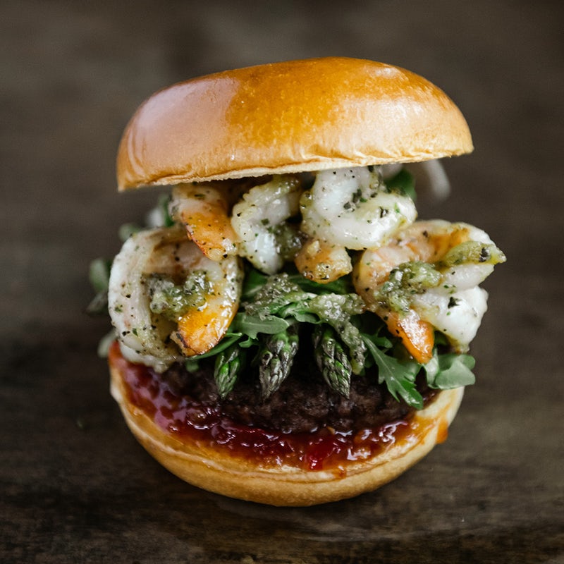 Order SURF & TURF BURGER WITH SHRIMP food online from Beauty & the Burger store, Raleigh on bringmethat.com