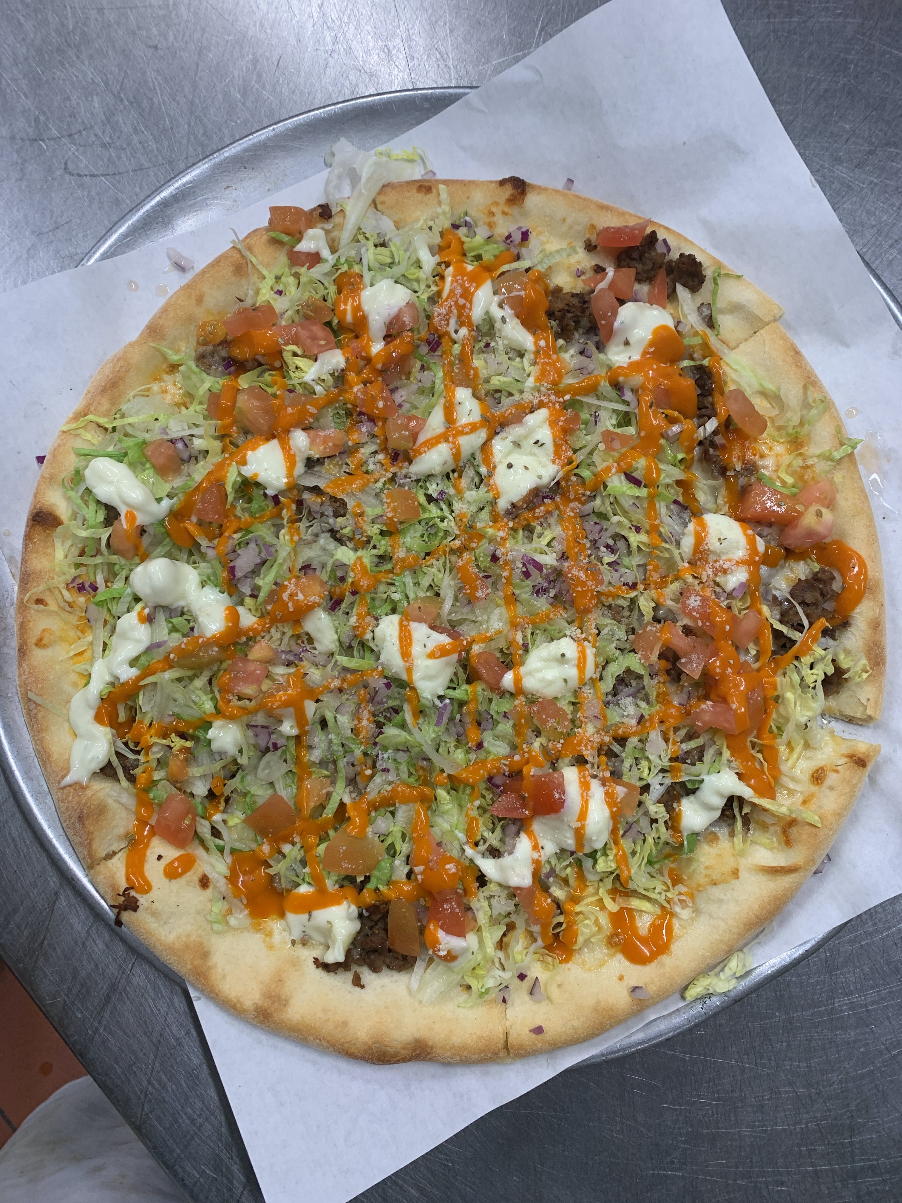 Order Steak Taco Pizza - Small 12'' food online from Dinos Pizza & Pasta store, Bridgeport on bringmethat.com
