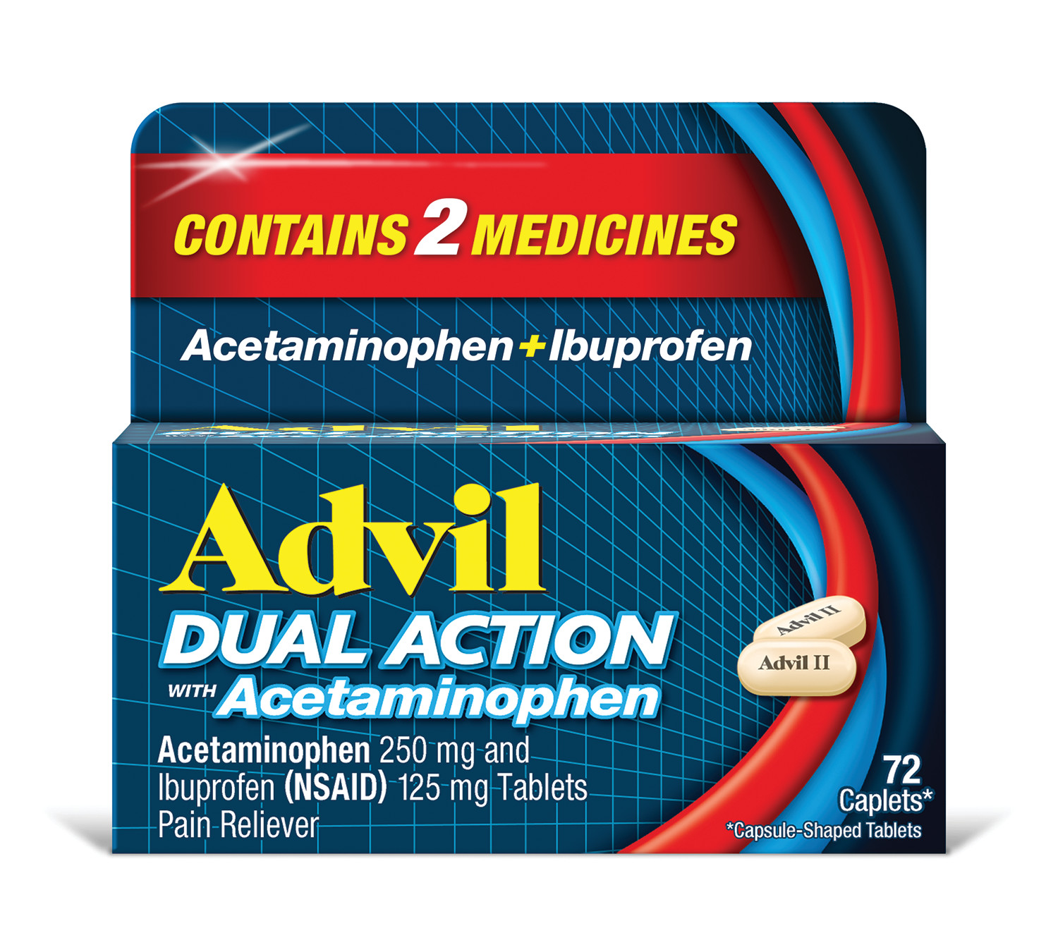 Order Advil Dual Action Coated Caplets - Acetaminophen + Ibuprofen, 72 ct food online from Rite Aid store, Chino Hills on bringmethat.com