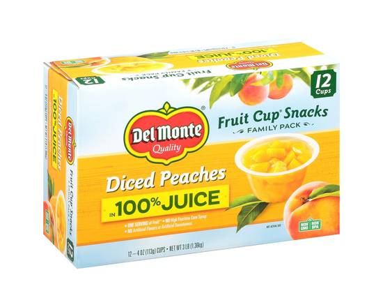 Order Del Monte · Fruit Cup 100% Juice Diced Peaches Snacks (12 x 4 oz) food online from Winn-Dixie store, Birmingham on bringmethat.com