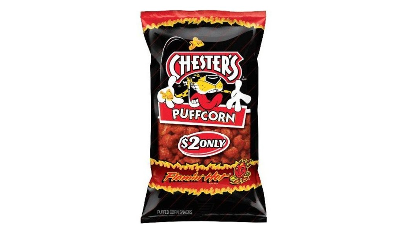 Order Chesters Hot Puffcorn 3oz Bag food online from M & M Liquor & Jr Market store, Anaheim on bringmethat.com