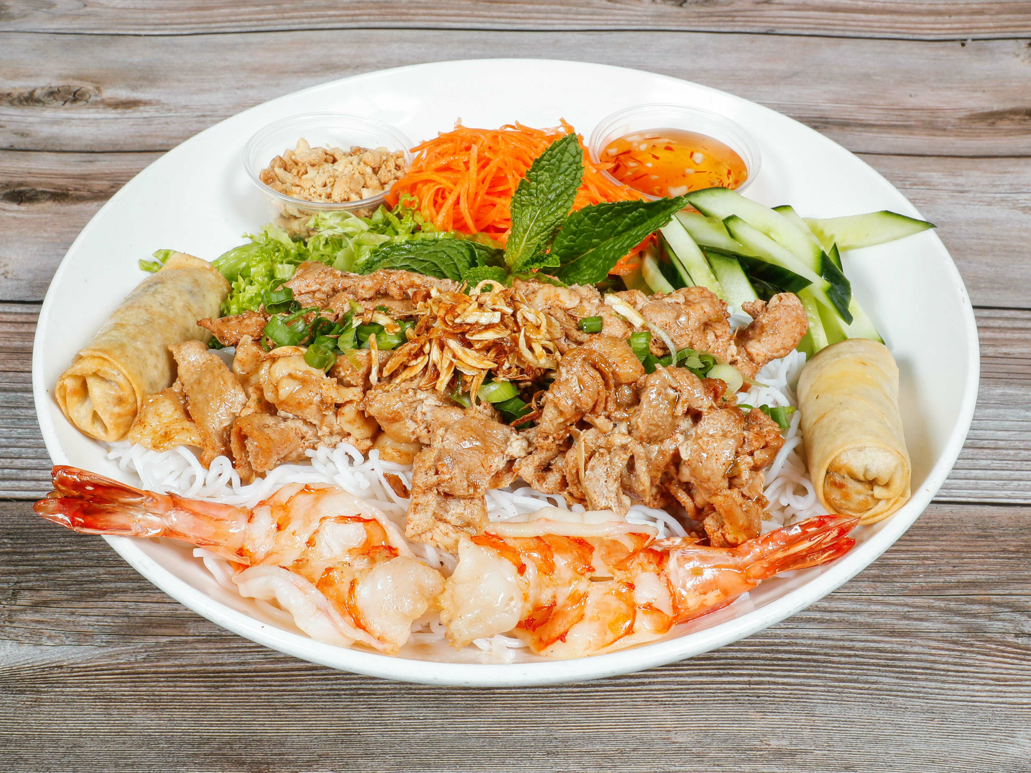 Order Vermicelli Noodles with Grilled Meat, Eggrolls, Grilled Shrimps food online from Pho Tick Tock store, San Jose on bringmethat.com