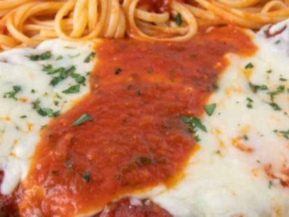 Order Chicken Parmigiana W/ Spaghetti food online from The Chipper Truck Cafe store, Yonkers on bringmethat.com