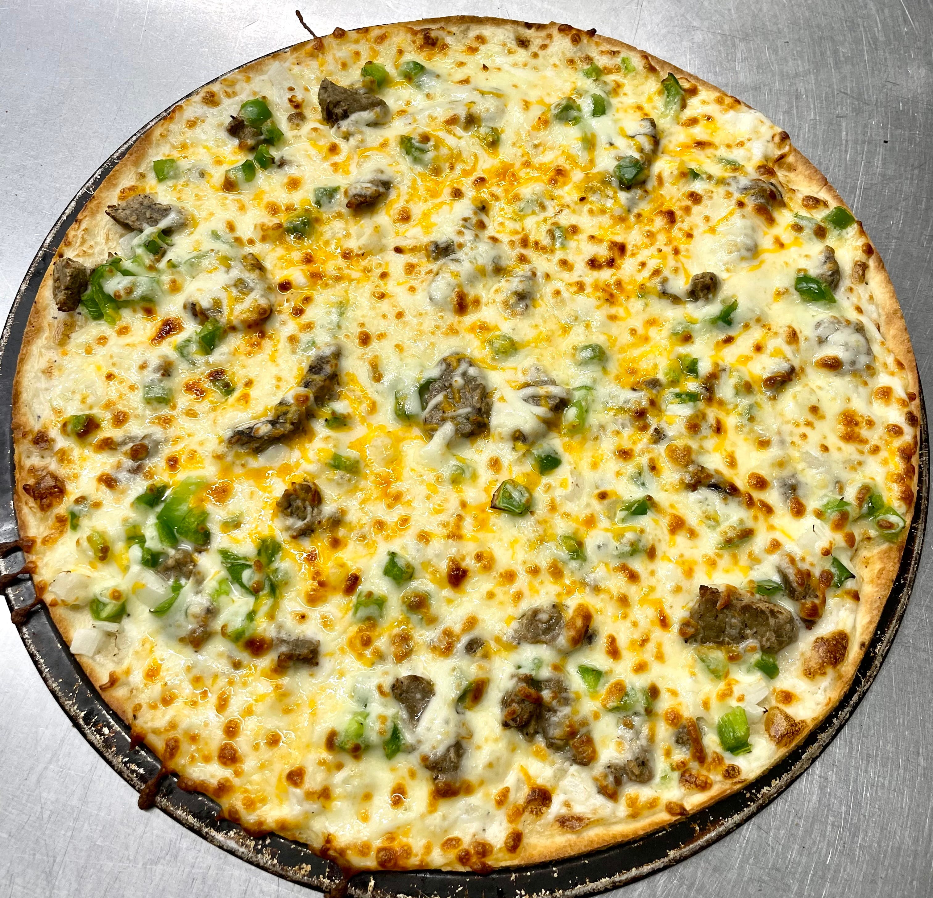 Order Philly Cheesesteak Pizza - Small 9" food online from Jimmy's Pizza store, Cold Spring on bringmethat.com