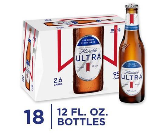 Order Michelob Ultra, 18pk-12oz bottle beer (4.2% ABV) food online from Samco Food Store store, Bakersfield on bringmethat.com
