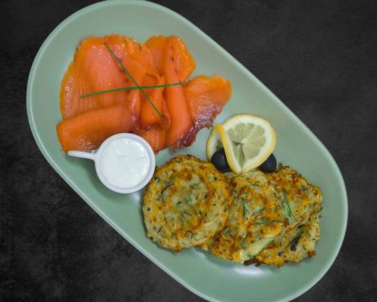 Order Zucchini Pancakes with Smoked Salmon food online from Noroc Restaurant store, Carmichael on bringmethat.com