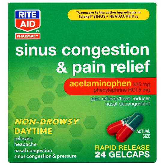 Order Rite Aid Sinus Congestion & Pain Relief Rapid Release Gelcaps (24 ct) food online from Rite Aid store, Greenville on bringmethat.com