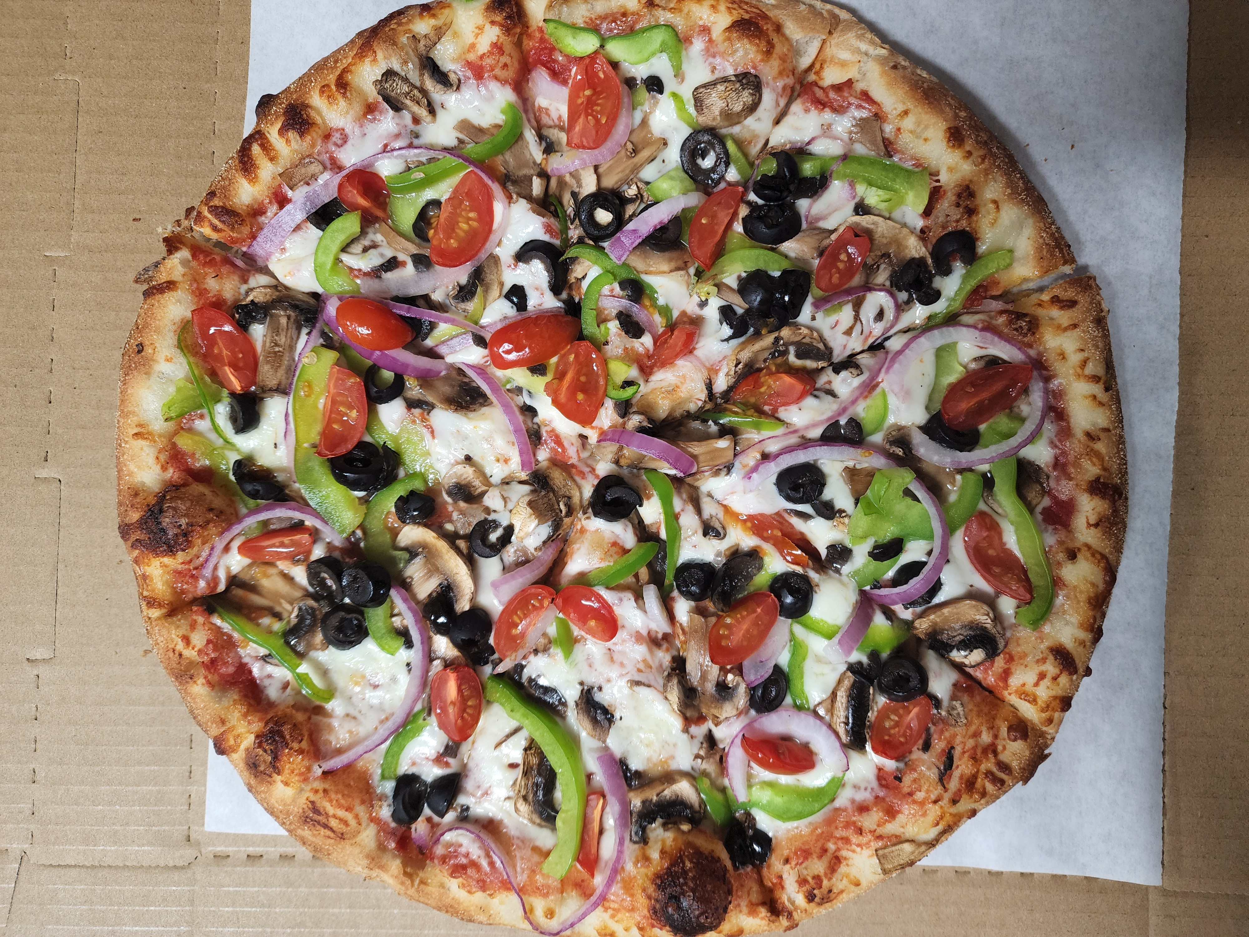 Order Vegetarian Gourmet Pizza food online from Ricky's Pizza store, Los Angeles on bringmethat.com