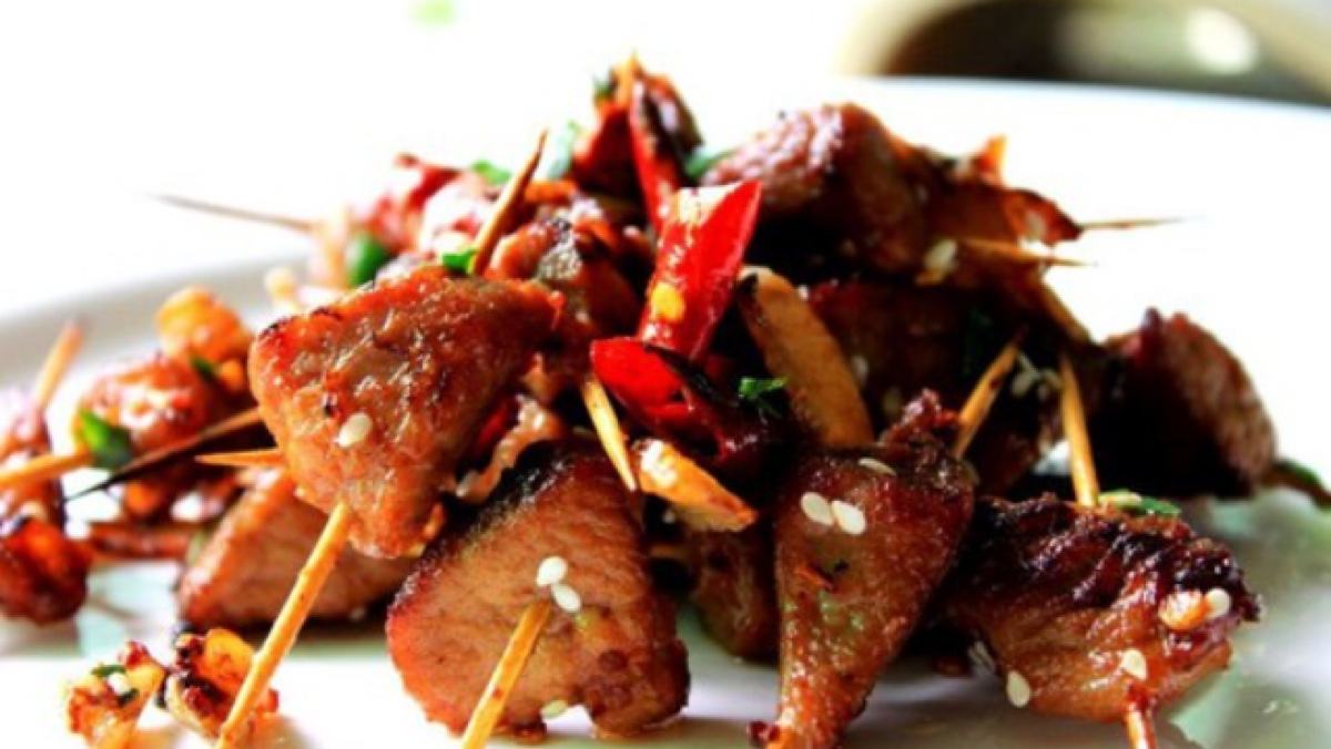 Order P16. Spicy Cumin Flavor Pork w. Toothpicks 牙签肉 food online from Shu Chinese Restaurant store, Guilderland on bringmethat.com