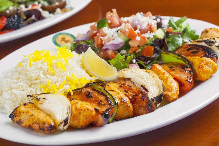 Order Salmon Kabob w/ Basmati Rice and Grilled Veggie food online from Healthy Grill store, Escondido on bringmethat.com