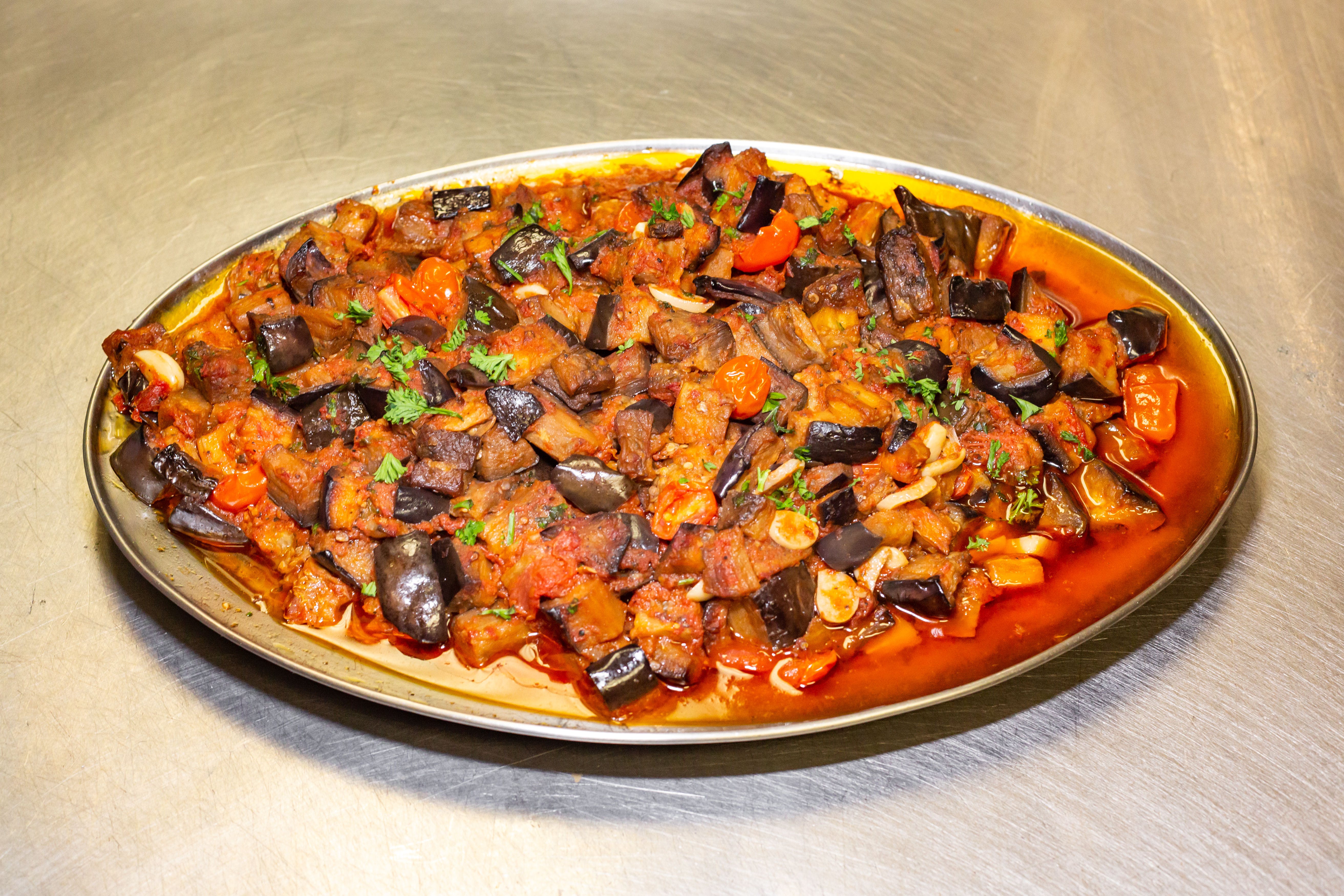 Order Sauteed Eggplant Catering - Half Tray (Serves 8 People) food online from Amalfi Pizza store, Newark on bringmethat.com