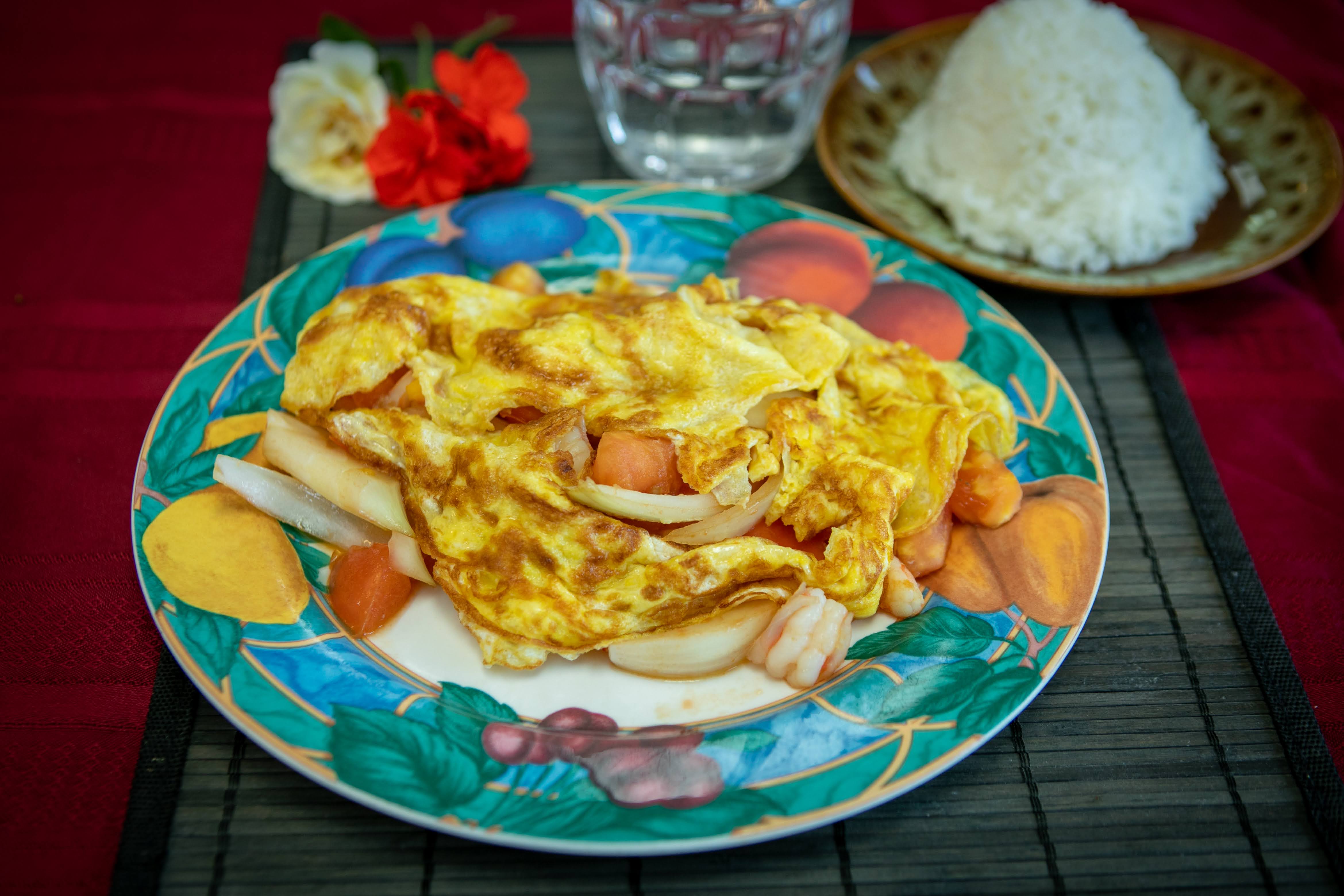 Order 69. Egg Omelette with Tomato and Shrimp food online from Le Paradis store, hayward on bringmethat.com
