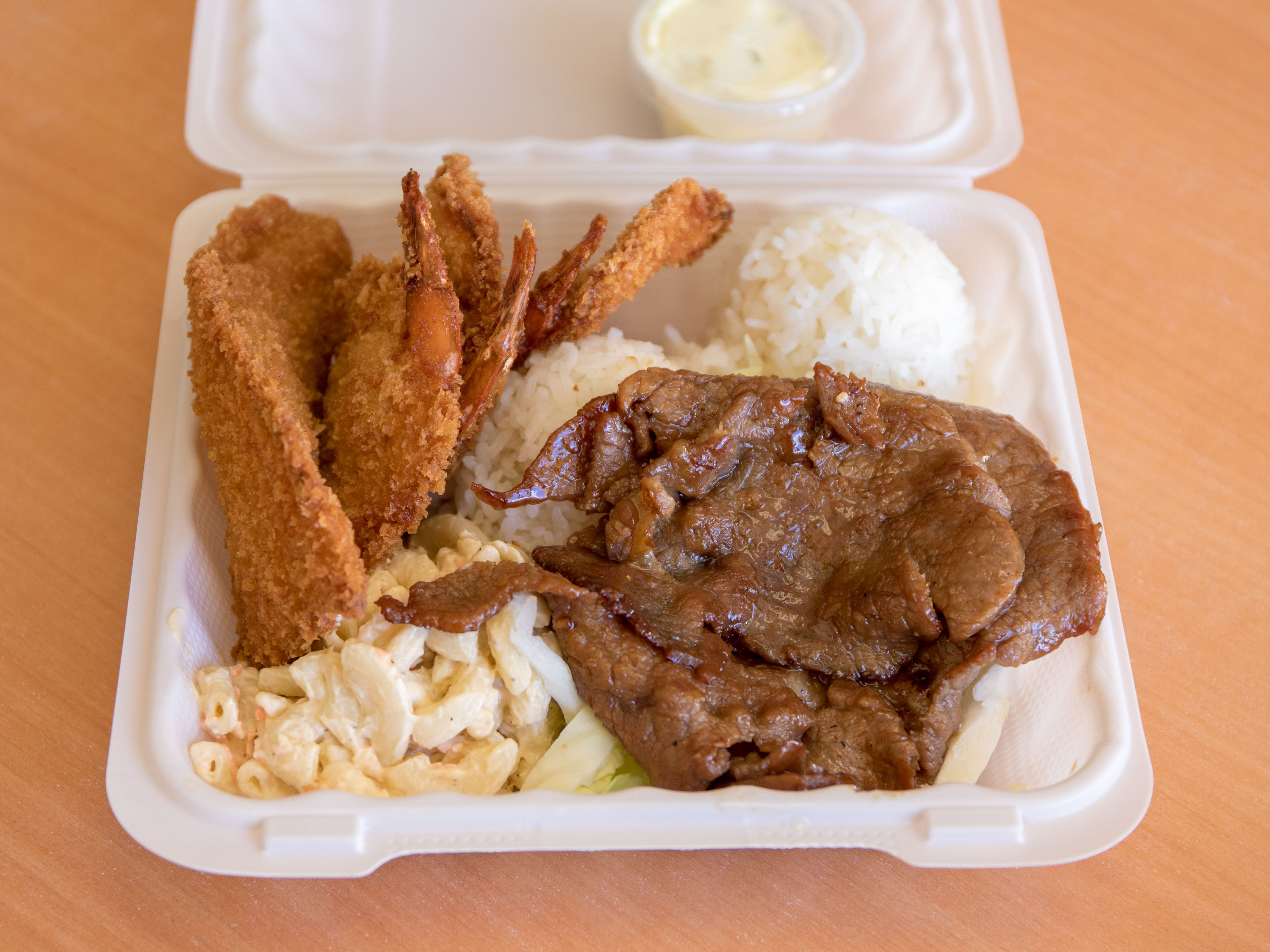 Order D. Seafood Combo Plate Lunch food online from Hawaiian Drive Inn. #28 store, Daly City on bringmethat.com