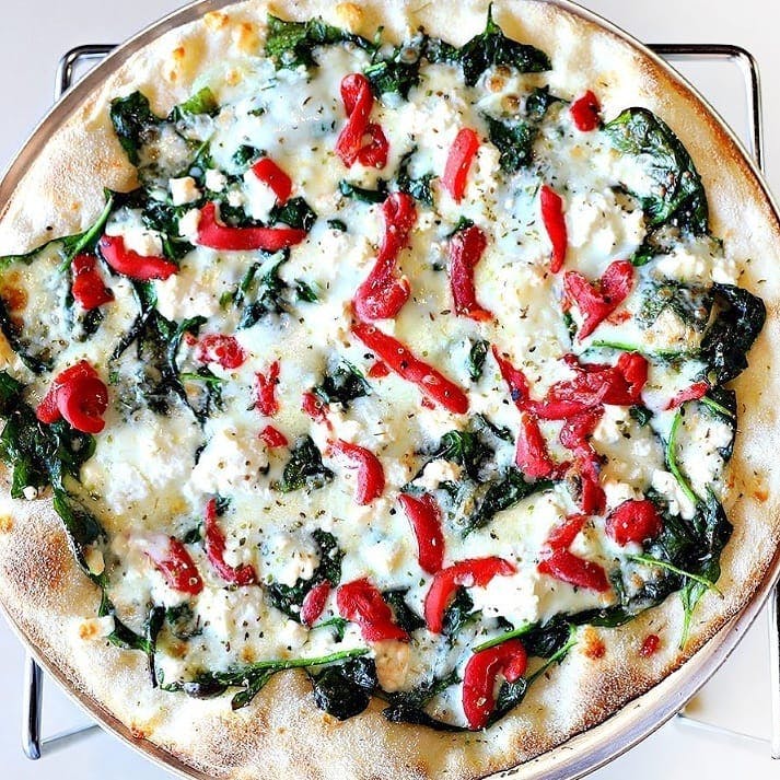 Order White Spinach Pizza - Medium 14" food online from Alfredo Pizza store, Shippensburg on bringmethat.com