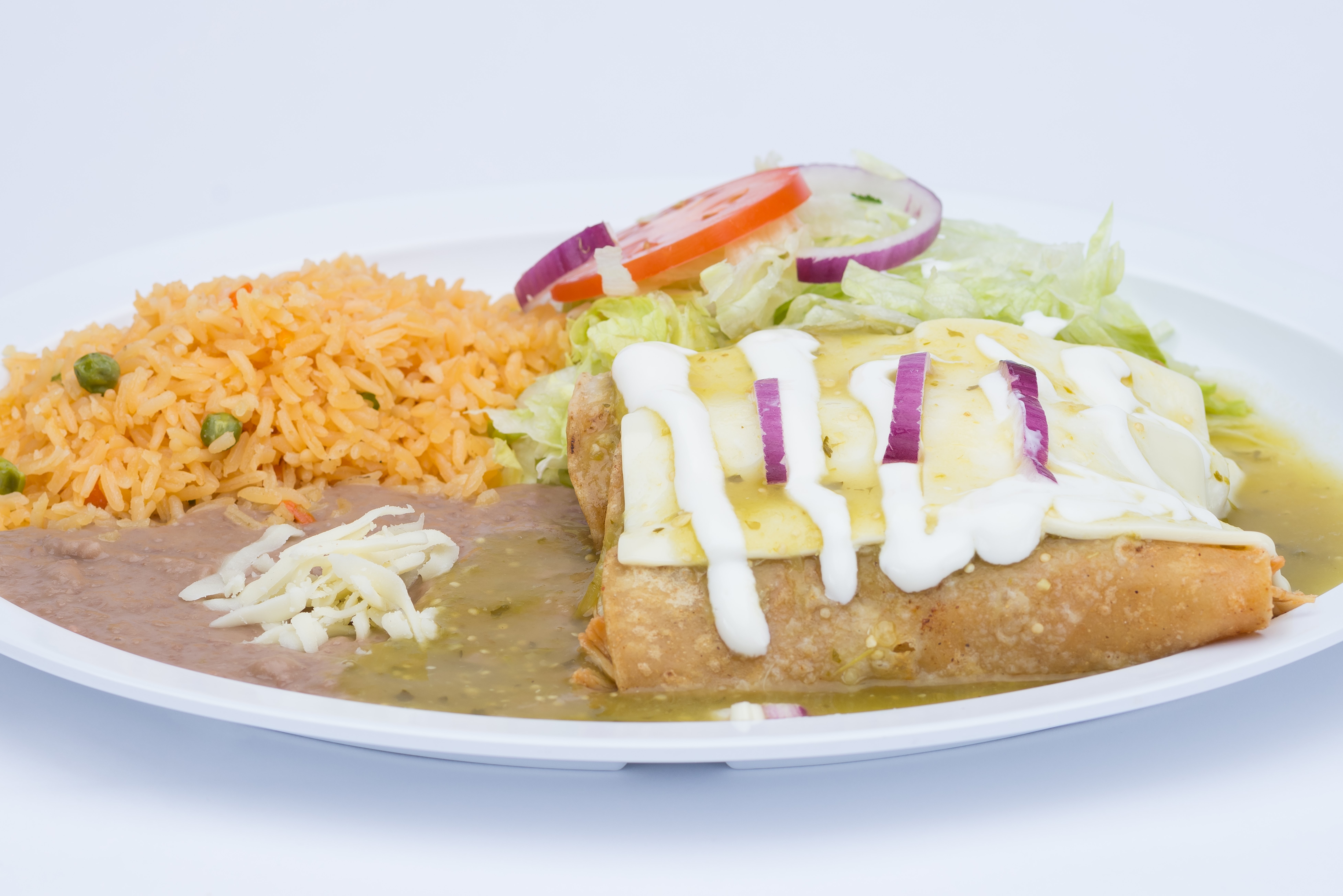 Order #6. Enchiladas Verdes Plate food online from Sabroso Burrito store, Schaumburg on bringmethat.com
