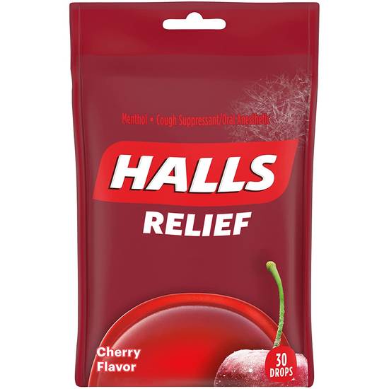 Order HALLS Relief Cherry Flavor Cough Drops, 1 Bag (30 Total Drops) food online from Exxon Food Mart store, Port Huron on bringmethat.com