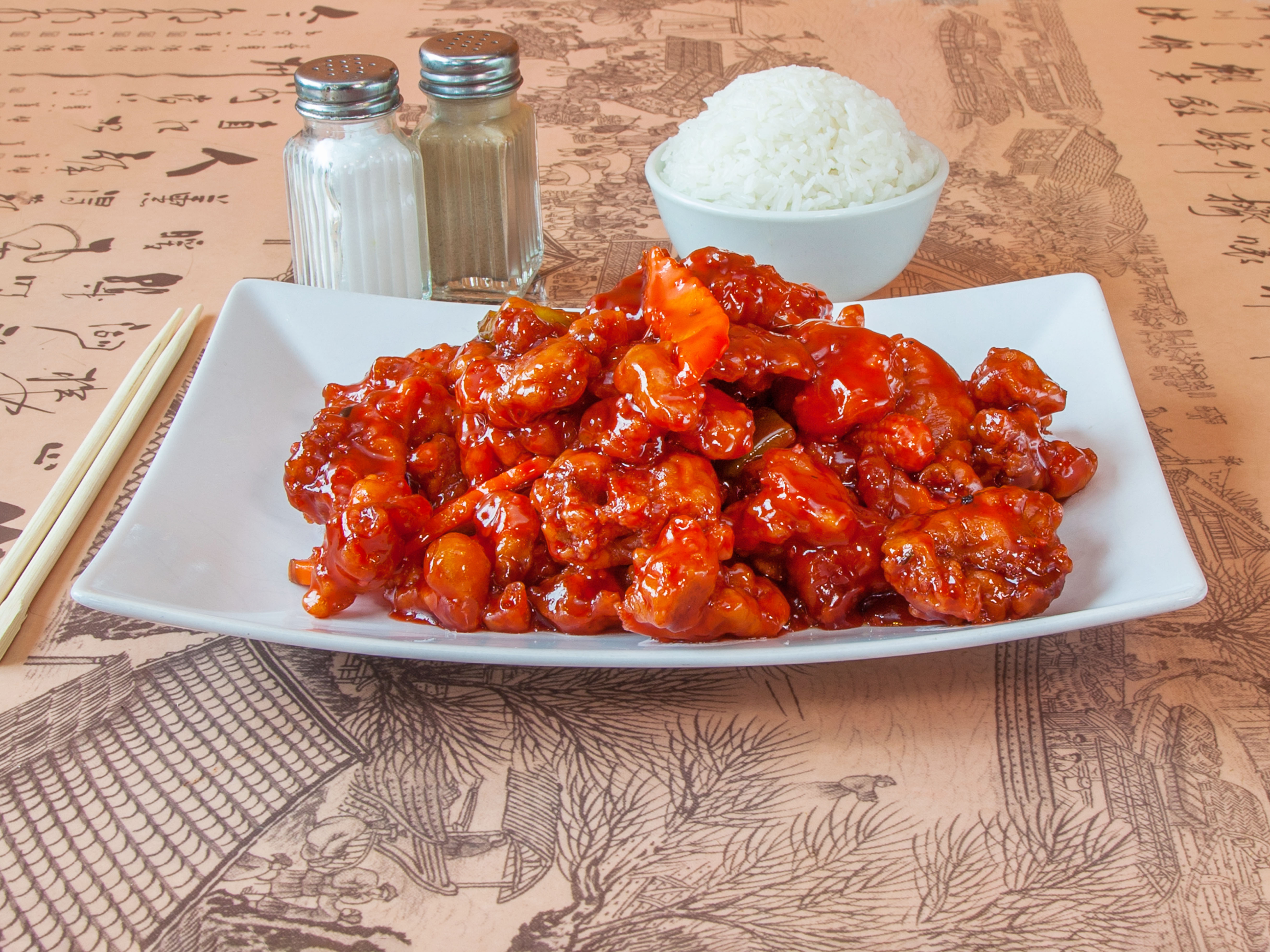 Order 126. Large General Tao's Chicken food online from Rose's Restaurant store, Bensenville on bringmethat.com