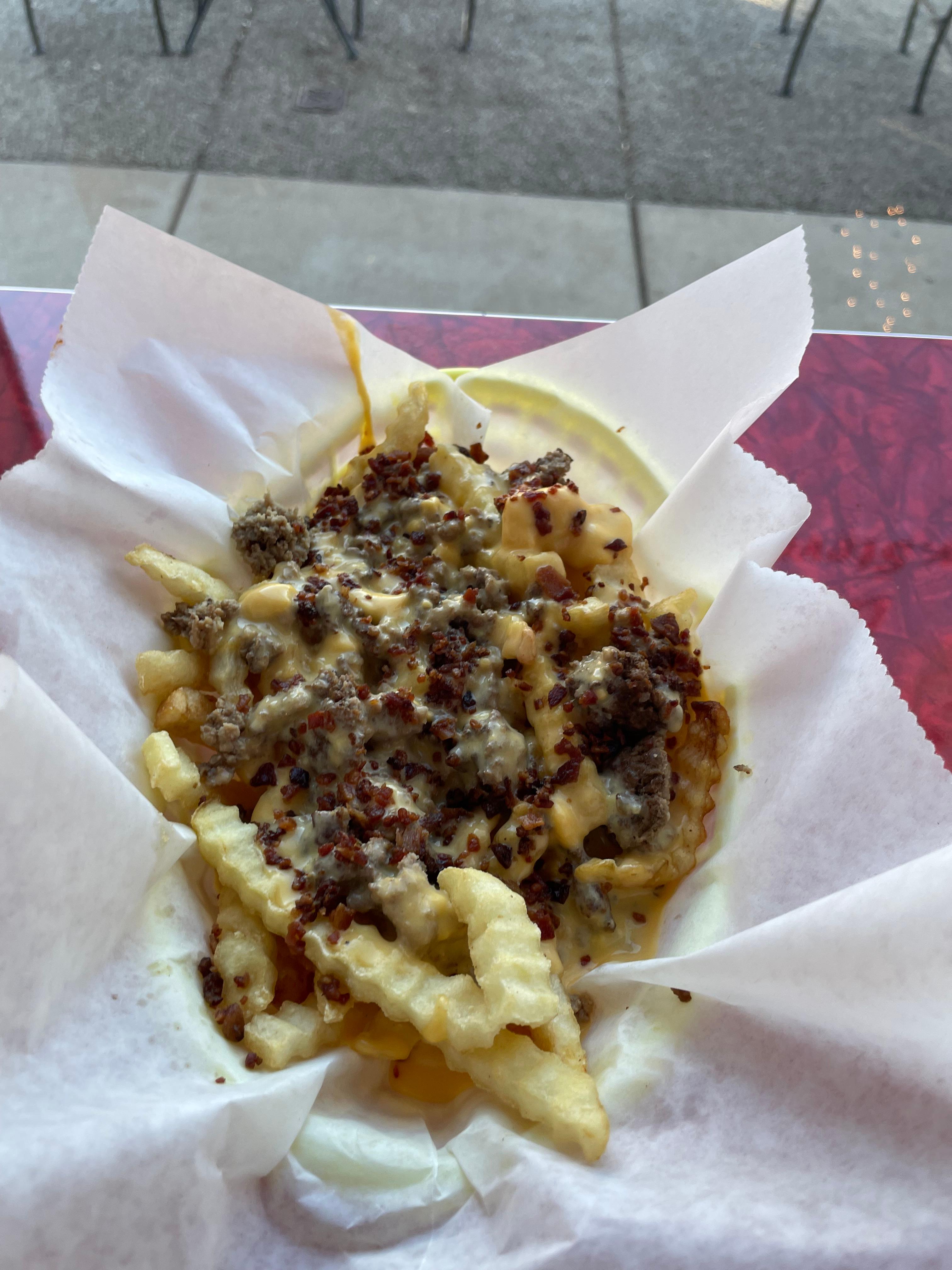 Order Bacon Cheeseburger Fries food online from Steve Hot Dogs Tower Grove store, Saint Louis on bringmethat.com