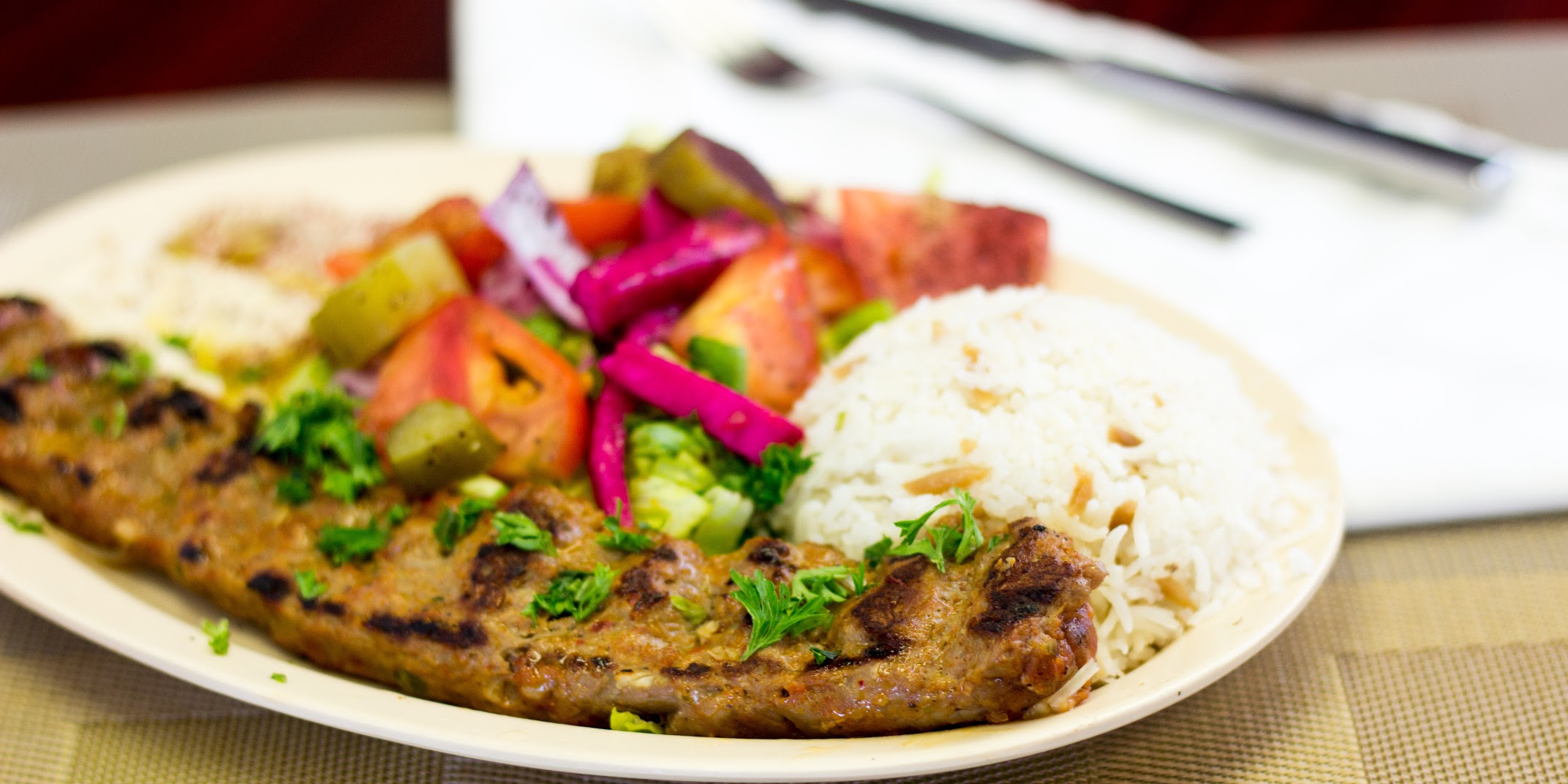 Order 43. Adana Kabob Plate food online from House of Falafel store, Cupertino on bringmethat.com