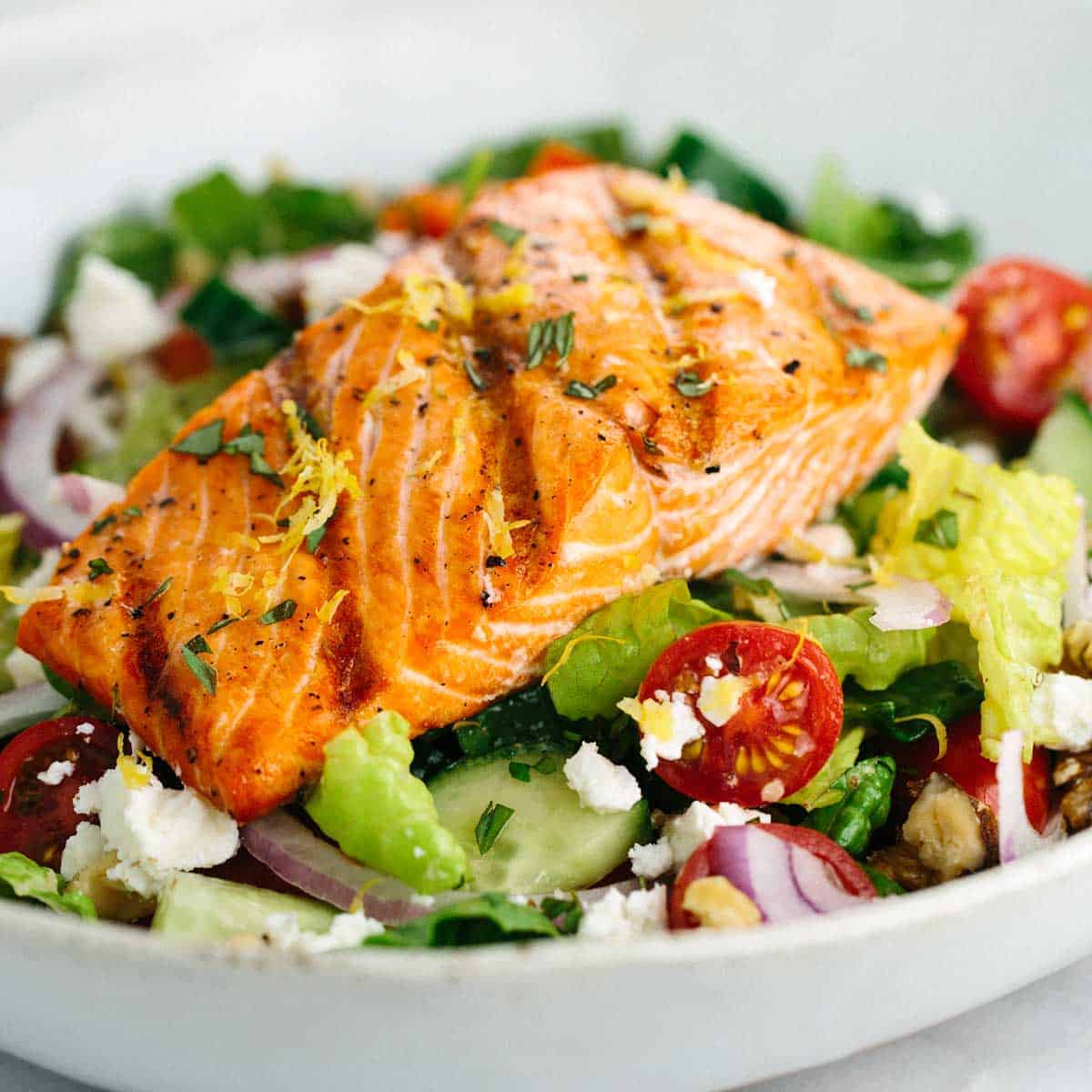 Order Greek Salad with Salmon food online from Healthy Grill store, Escondido on bringmethat.com