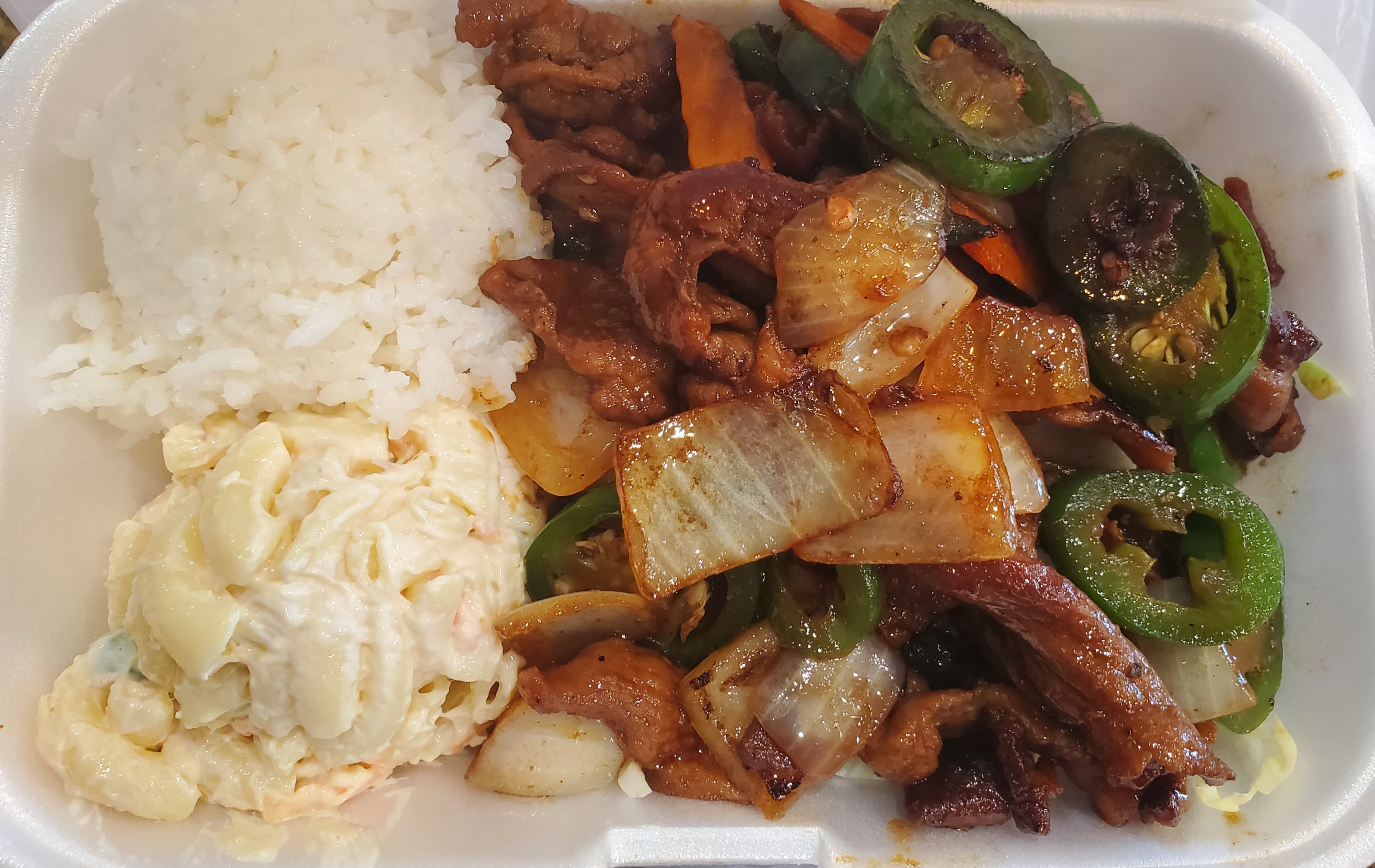 Order Spicy Pork Plate food online from Young Hawaiian Bbq store, Chino on bringmethat.com