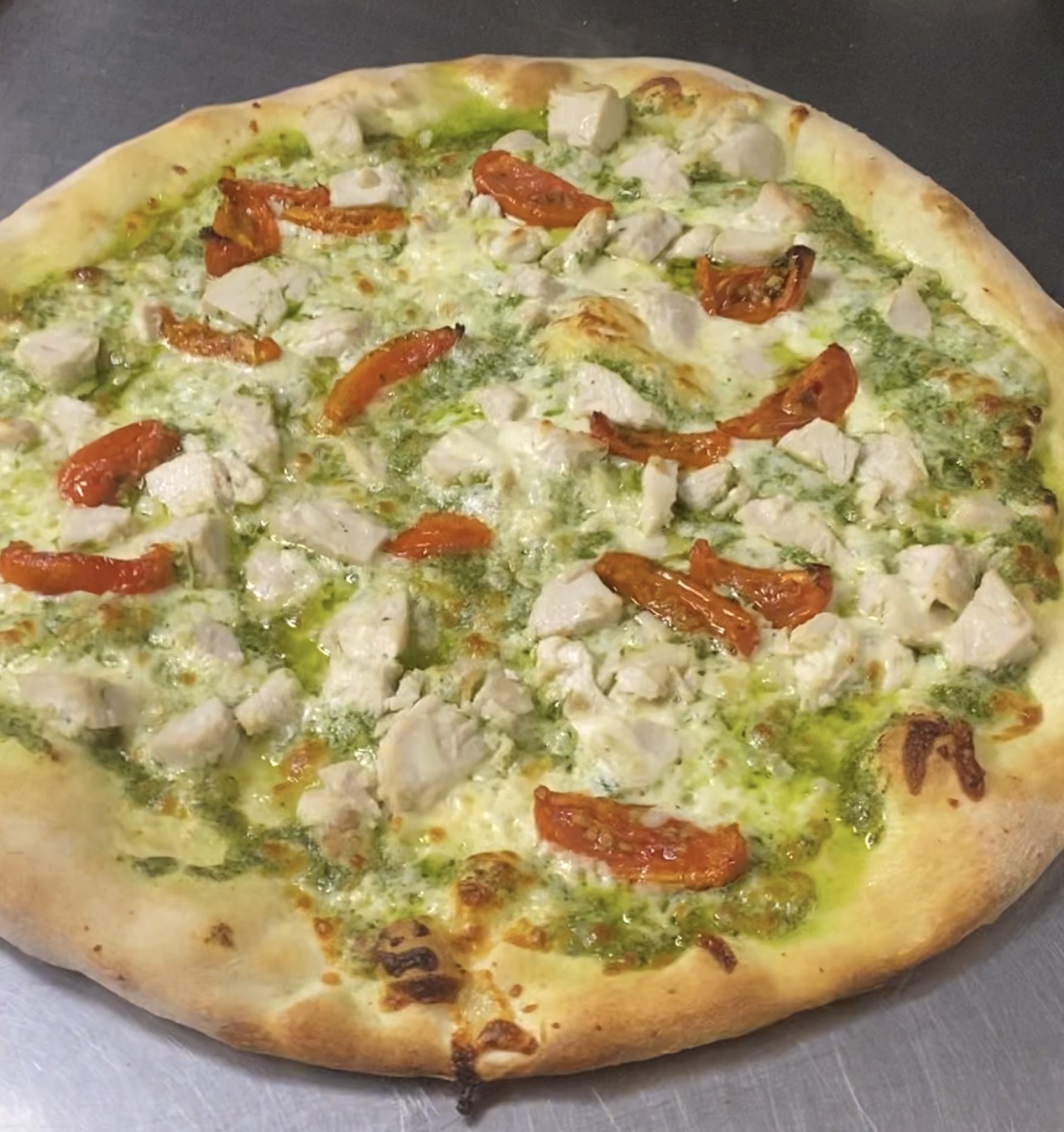 Order Small Chicken Pesto Pizza food online from Jimmy's Pizza Too store, Lowell on bringmethat.com