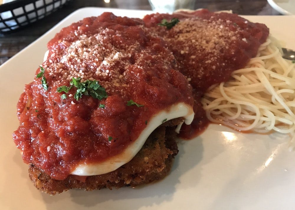 Order Eggplant Parmigiana - Entree food online from Angelos Pizza & Pasta store, Webster on bringmethat.com