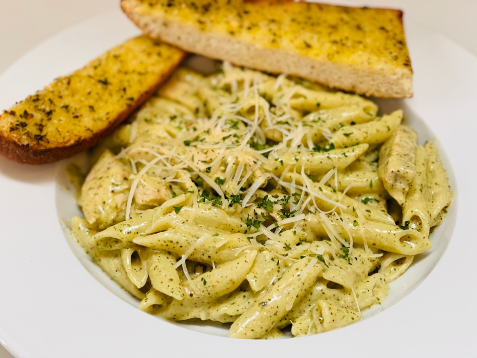 Order PENNE CHICKEN PESTO food online from Bitcoin Pizza store, Seattle on bringmethat.com