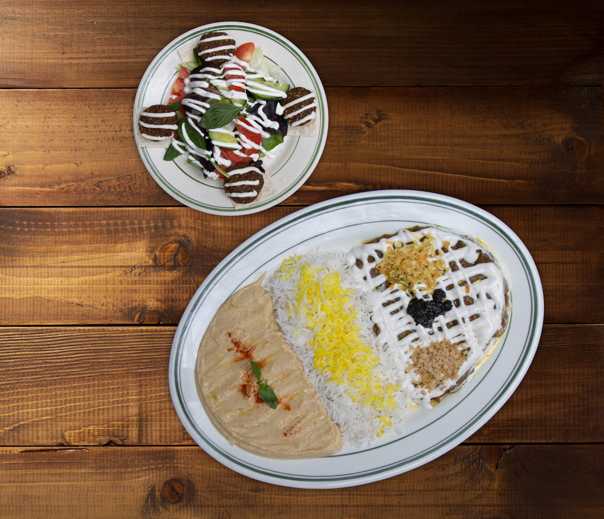 Order 53. Falafel, Hummus, Kashk-E-Bademjan - کشک بادمجان ، حمص ، فلافل با پلو food online from Negeen Restaurant store, Campbell on bringmethat.com