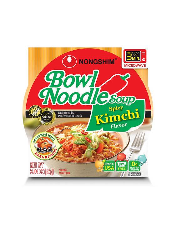 Order Nong Shim Kimchi Noodle Bowl Soup 3 OZ food online from Chevron Extramile store, Brea on bringmethat.com