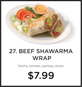 Order 27. Beef Shawarma Wrap food online from Mystic Grill store, La Mesa on bringmethat.com