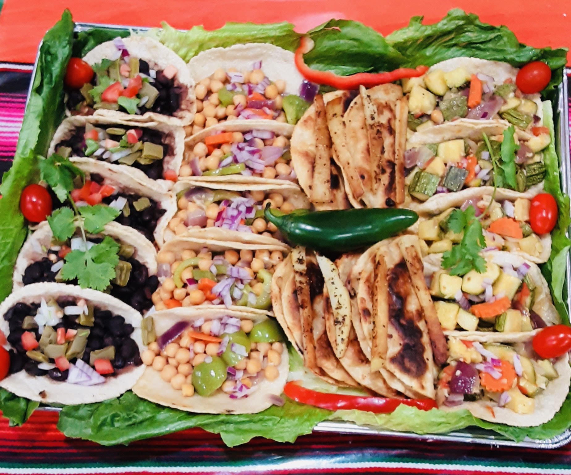 Order Vegan Taco Party Platter (20 Tacos) food online from Curry Sabor store, Whittier on bringmethat.com