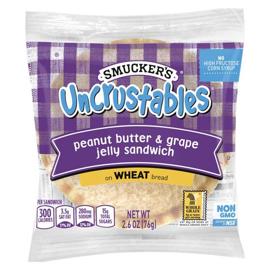 Order Smucker's Frozen Uncrustables PB & Grape Jelly on Wheat 1ct 2.6oz food online from Everyday Needs by Gopuff store, San Luis Obispo on bringmethat.com