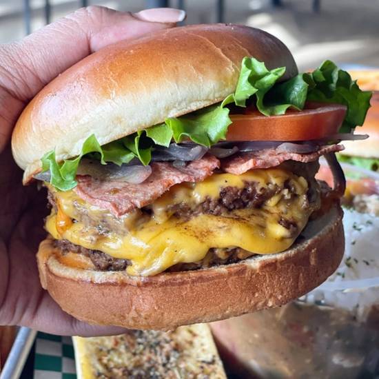 Order DOUBLE BACON CHEESEBURGER food online from Plant Based Burger Heaven store, Chicago on bringmethat.com